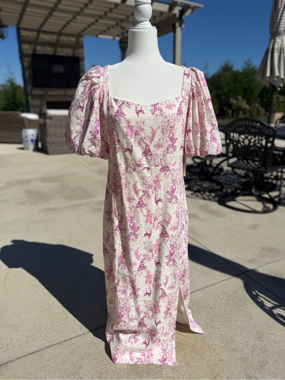Hyacinth House | Tuckernuck Cream Midi Dress w/ Pink Toile Print & Puff Sleeves